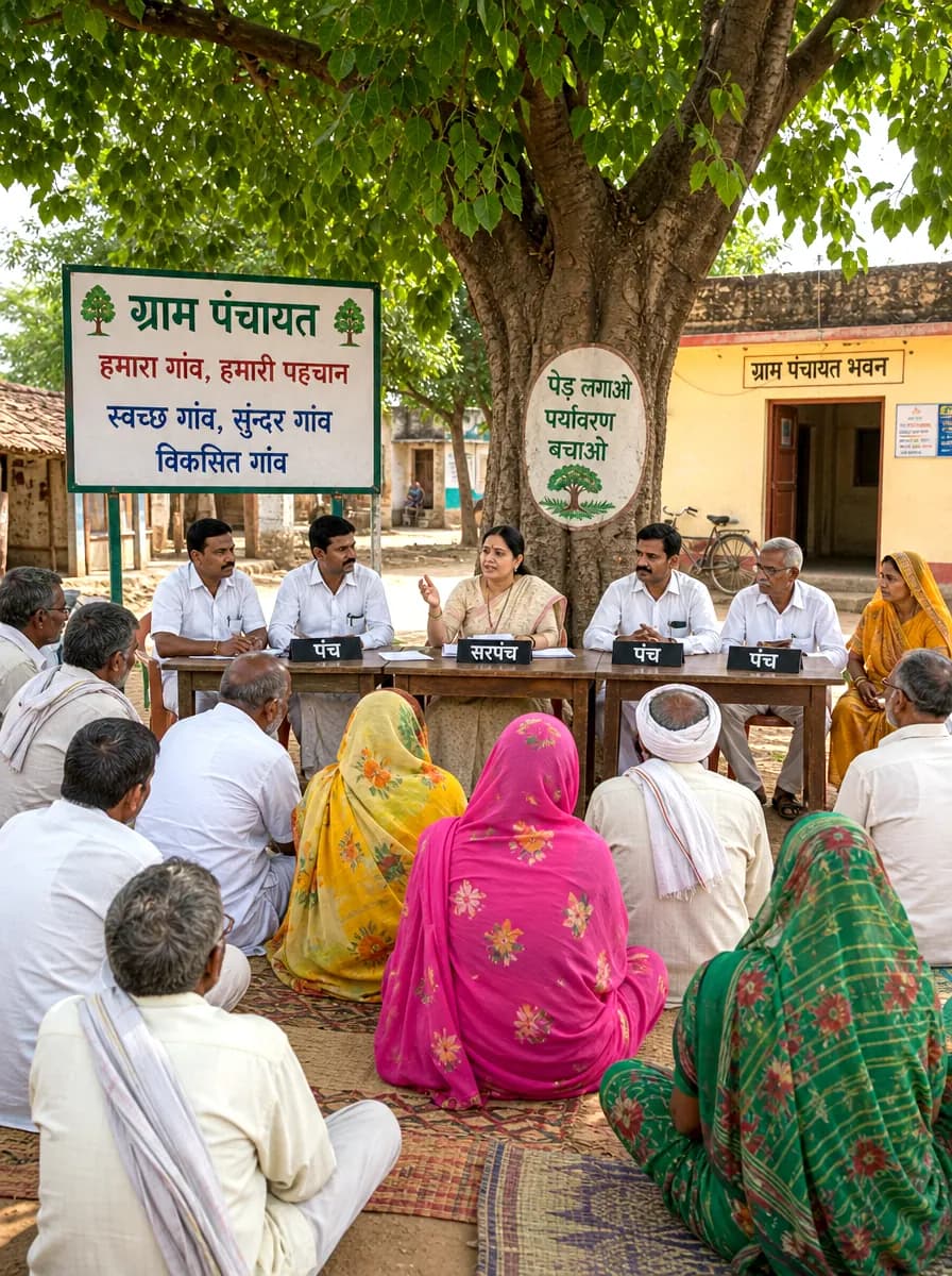 Panchayat members and villagers meet outside the Gram Panchayat office