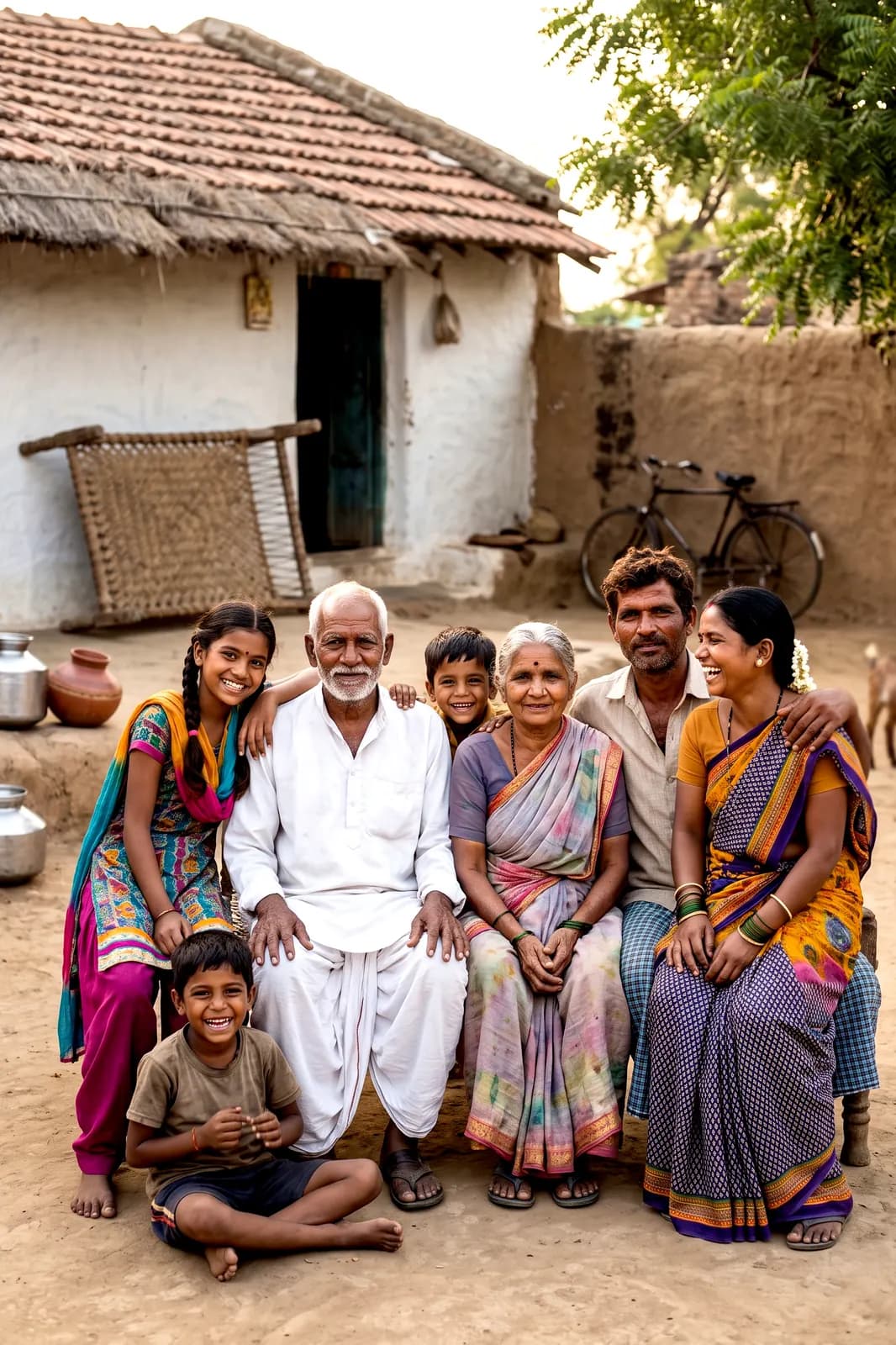 A village family outside their home